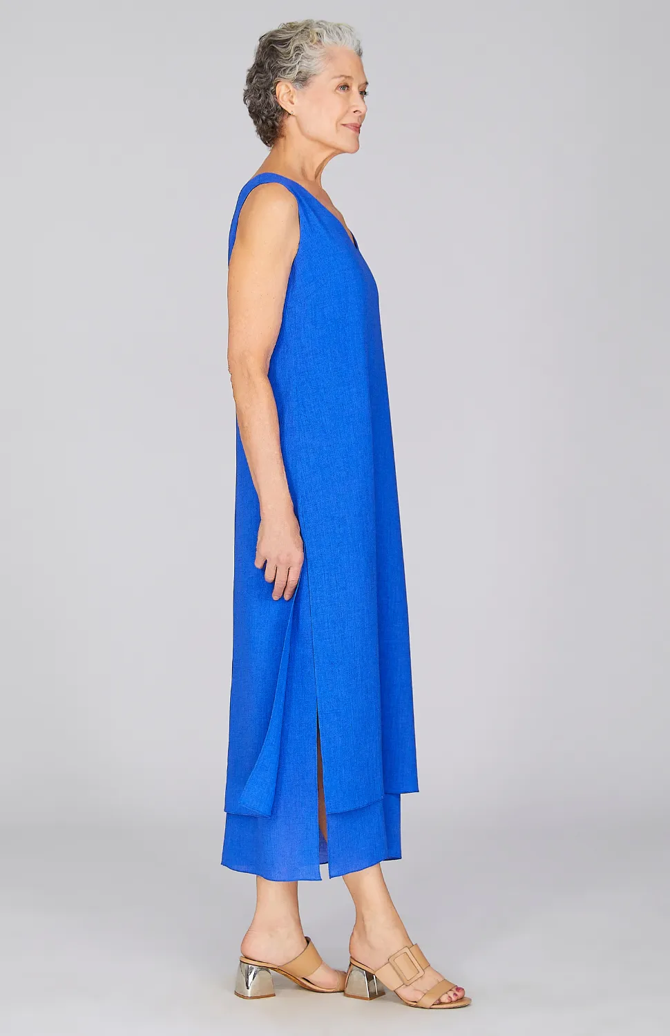 Microlinen Double Layer V Neck Dress Electric Blue