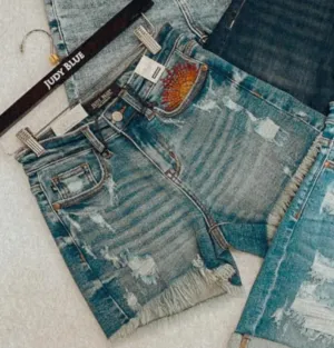 Mid Wash High Rise Sun Embroidery Cutoff Shorts