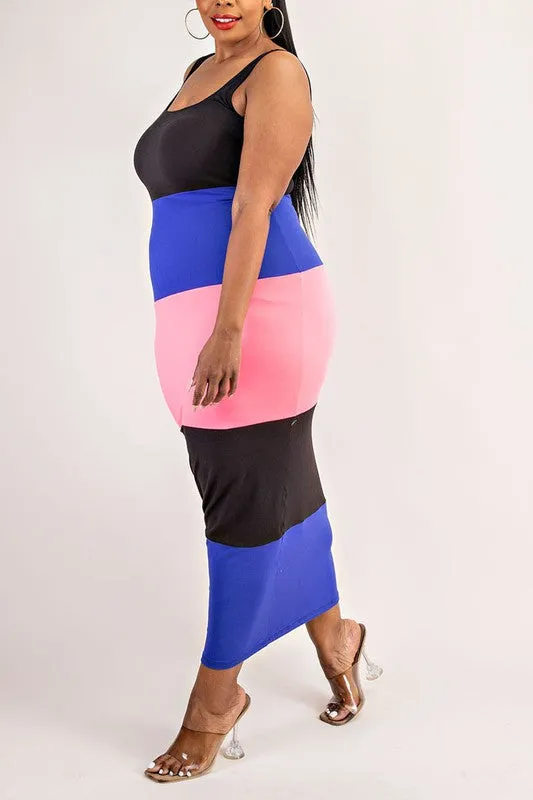 Midi Blue, Black, and Pink Color Block Dress