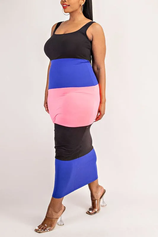 Midi Blue, Black, and Pink Color Block Dress