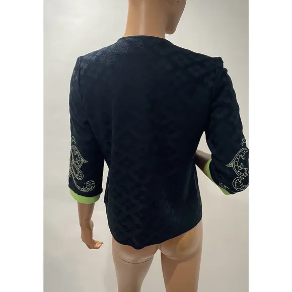 Ming Wang Cardigan Size SP Black With Green Embroidered 3/4 Sleeves
