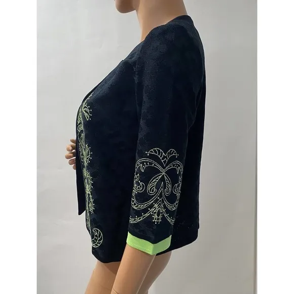 Ming Wang Cardigan Size SP Black With Green Embroidered 3/4 Sleeves