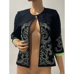 Ming Wang Cardigan Size SP Black With Green Embroidered 3/4 Sleeves