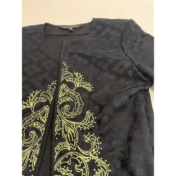Ming Wang Cardigan Size SP Black With Green Embroidered 3/4 Sleeves