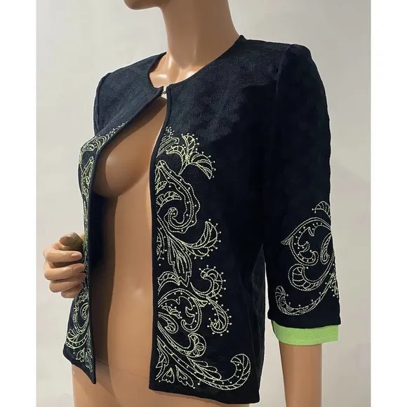 Ming Wang Cardigan Size SP Black With Green Embroidered 3/4 Sleeves