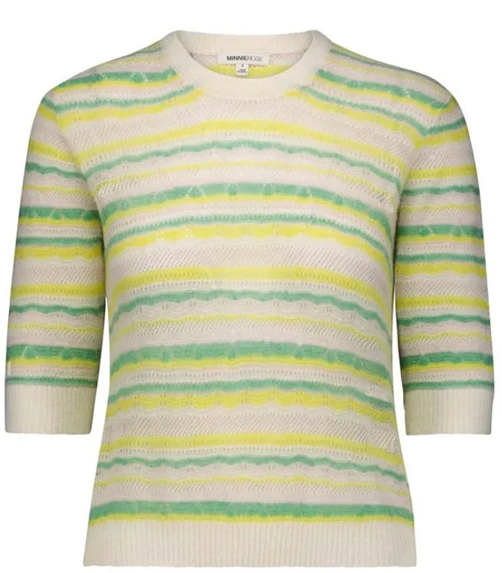Minnie Rose Italian Viscose Short Sleeve Sweater - Green Combo
