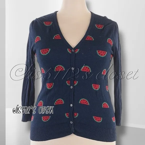 ModCloth Navy Blue Watermelon Print Button Front Cardigan Sweater 2X