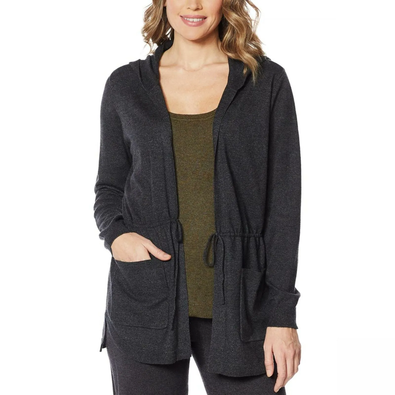 Modern Soul Women's Spacedye Tie Front Hooded Cardigan Sweater