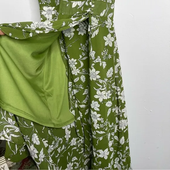 Moon River Green Floral Ruffle Wrap Midi Dress Size S
