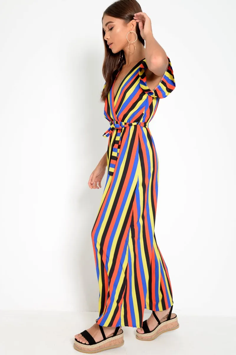 Multi Colour Plunge Wrap Belted Maxi Dress - Carri