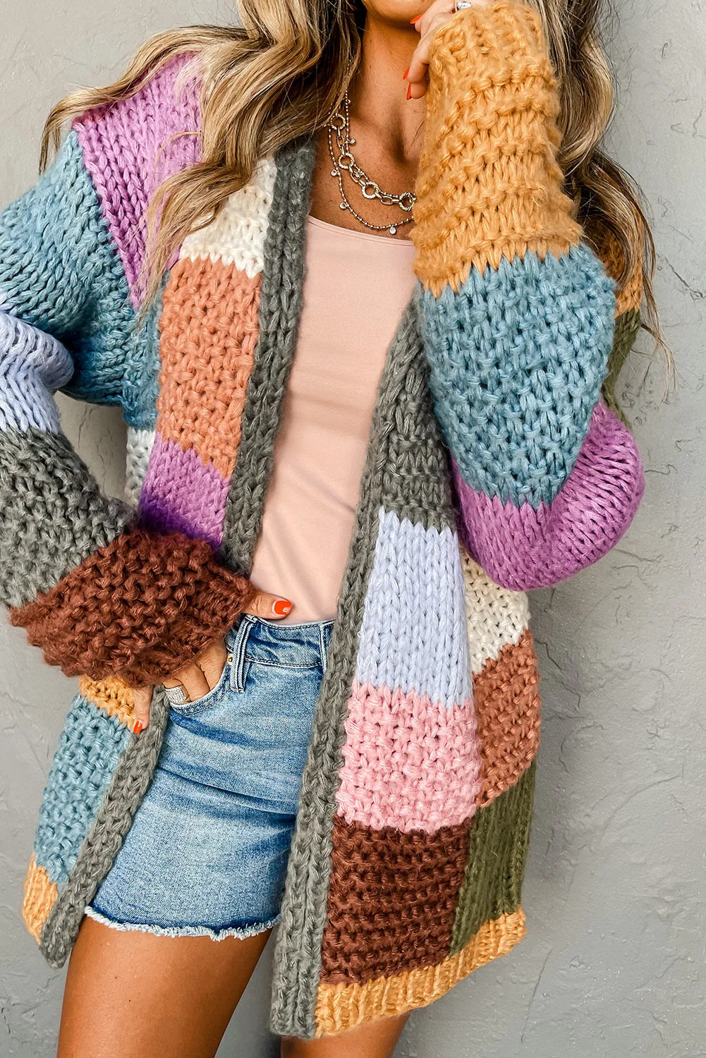 Multicolor Chunky Color Block Knit Open Sweater Cardigan