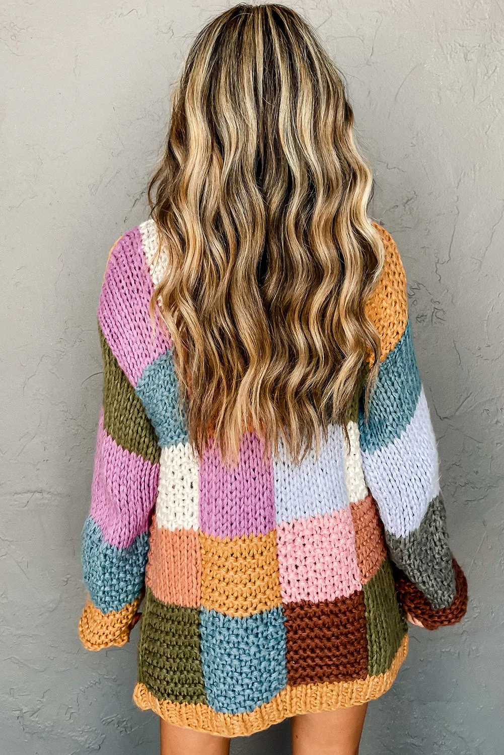 Multicolor Chunky Color Block Knit Open Sweater Cardigan