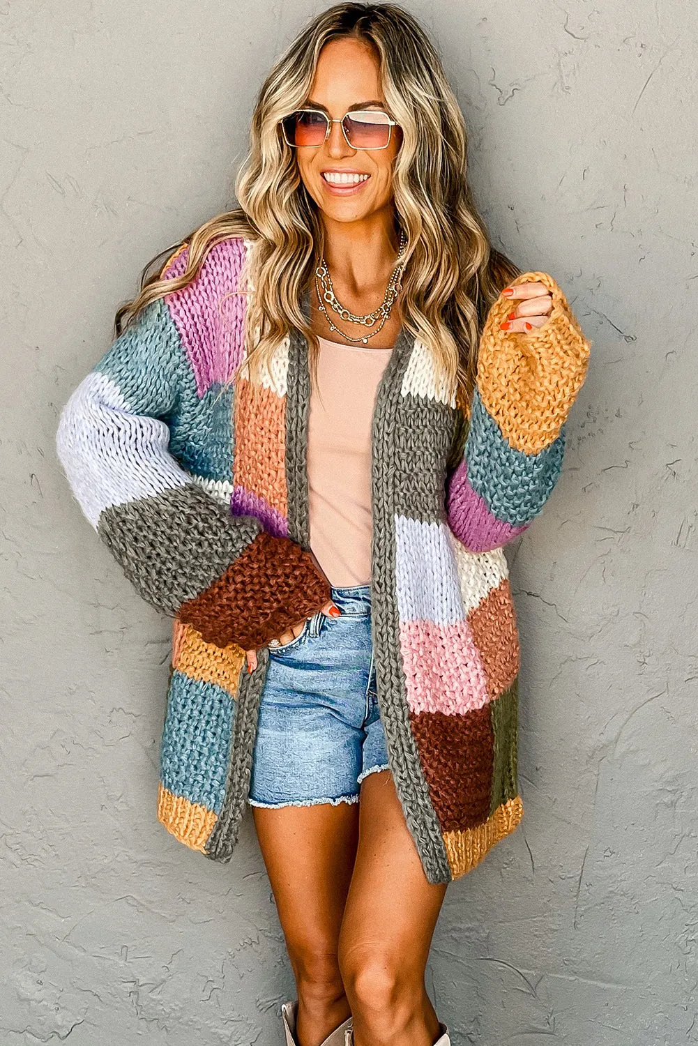 Multicolor Chunky Color Block Knit Open Sweater Cardigan