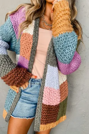 Multicolor Chunky Color Block Knit Open Sweater Cardigan
