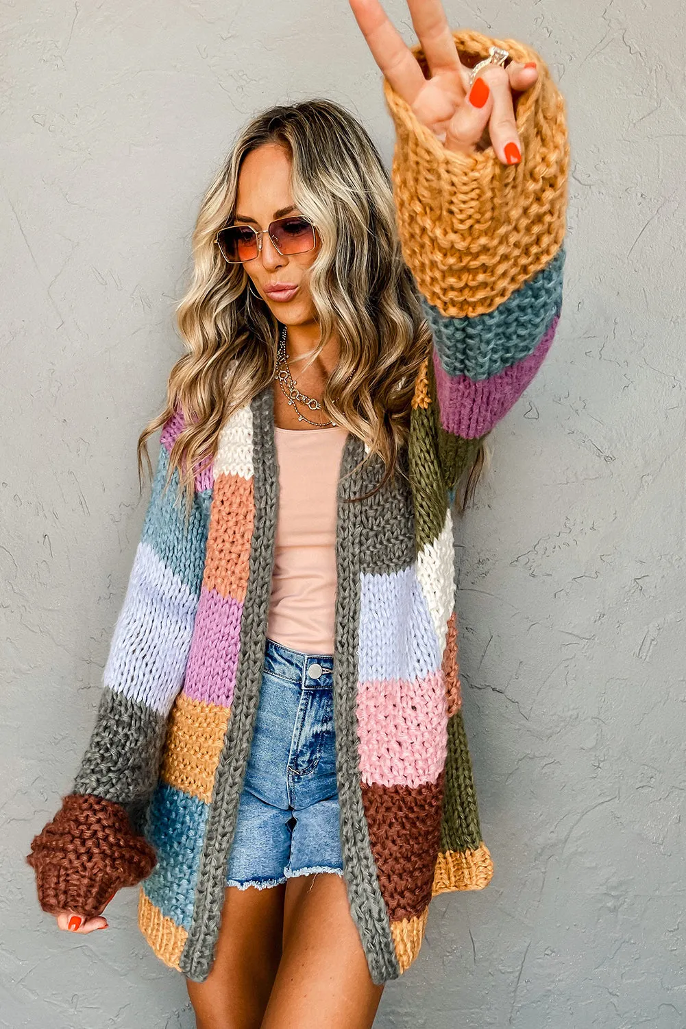 Multicolor Chunky Color Block Knit Open Sweater Cardigan