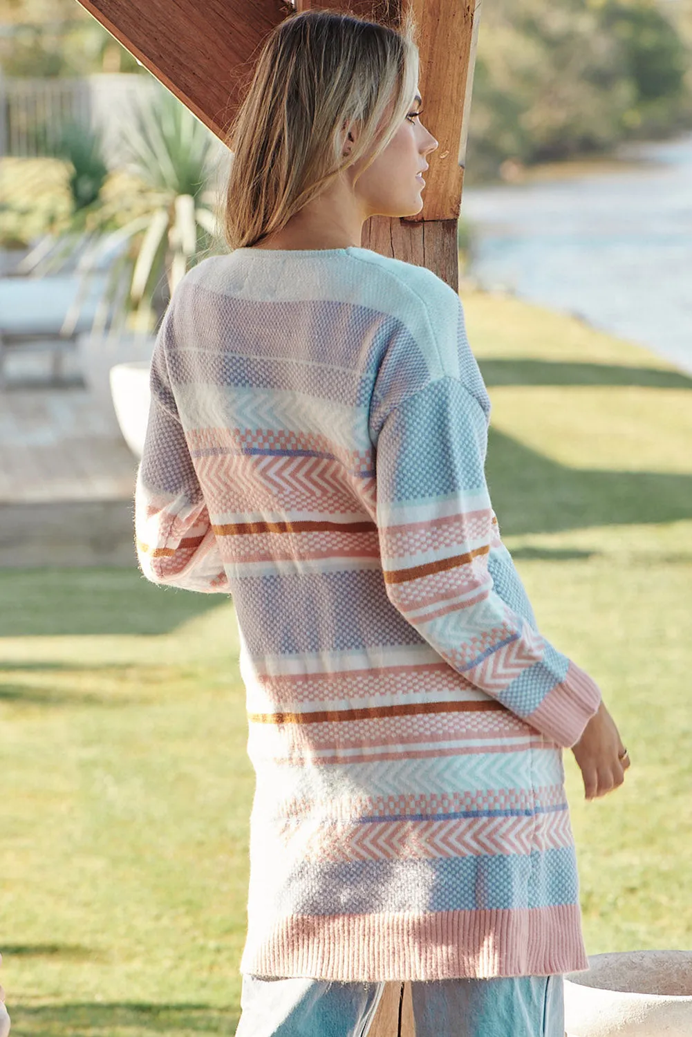 Multicolour Printed Big Pocket Open Front Sweater Cardigan