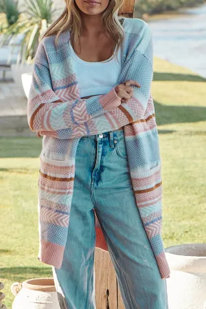 Multicolour Printed Big Pocket Open Front Sweater Cardigan