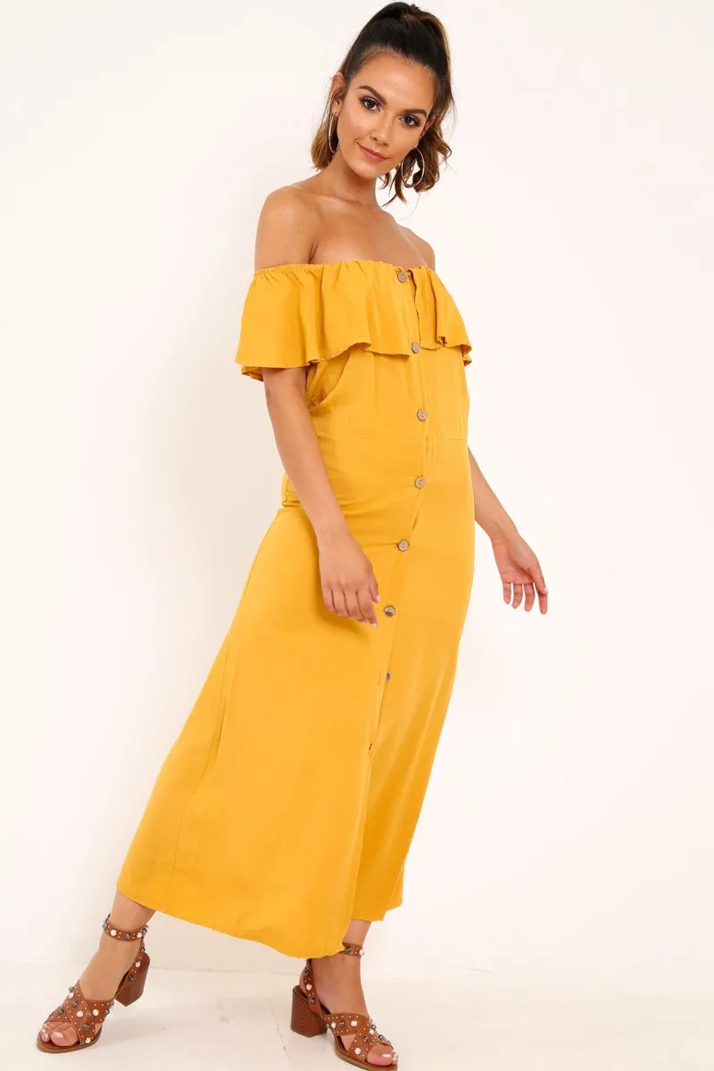 Mustard Bardot Frill Button Front Midi Dress - Clancy