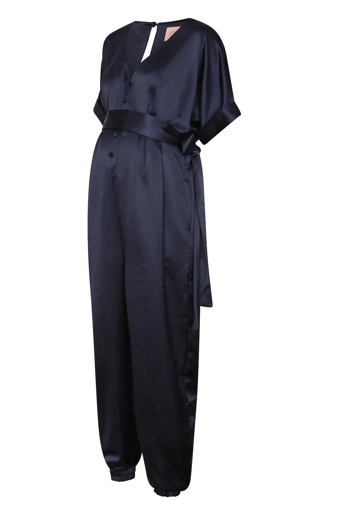 Navy satin maternity and breastfeeding jumpsuit