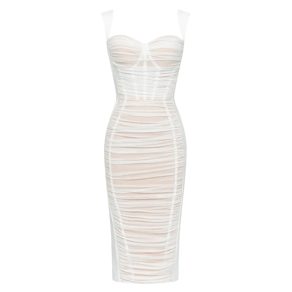 New Fashion Chic Midi Dress Sexy Mesh Patchwork Party Celebrity Clubwear Bodycon Midi Dresses