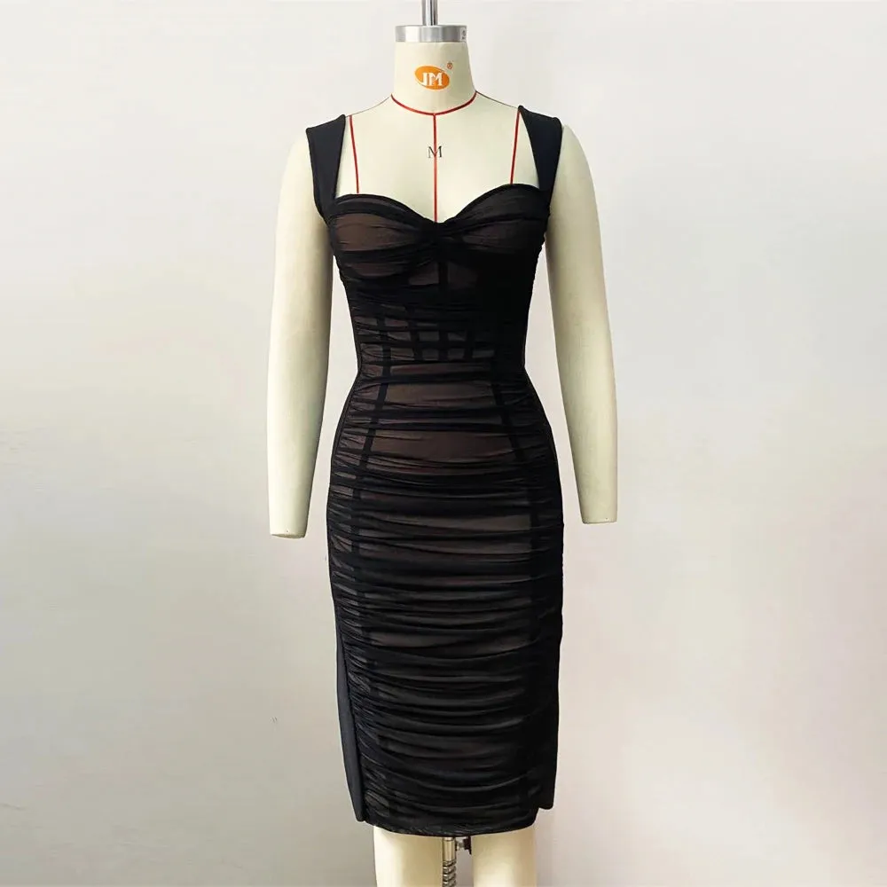 New Fashion Chic Midi Dress Sexy Mesh Patchwork Party Celebrity Clubwear Bodycon Midi Dresses