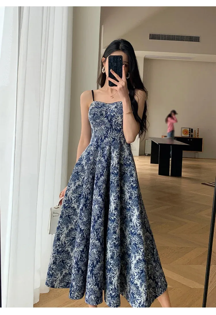 New Fashion Elegant Floral Print Midi Dress Spaghetti Strap Slim A-Line Maxi Chic Dress