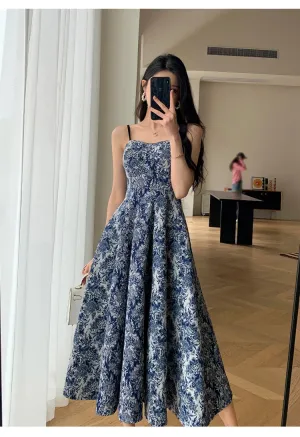 New Fashion Elegant Floral Print Midi Dress Spaghetti Strap Slim A-Line Maxi Chic Dress