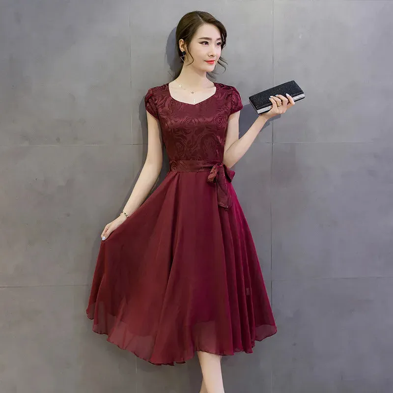 New Fashion Spring Summer V-Neck Short Sleeve Dress Slim Fashion Office Business Evening Elegant Solid Silk Dresses