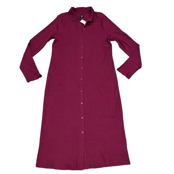 NEW Gap Women’s Burgundy Long Sleeve Rib Knit Button Front Midi Dress size XL T