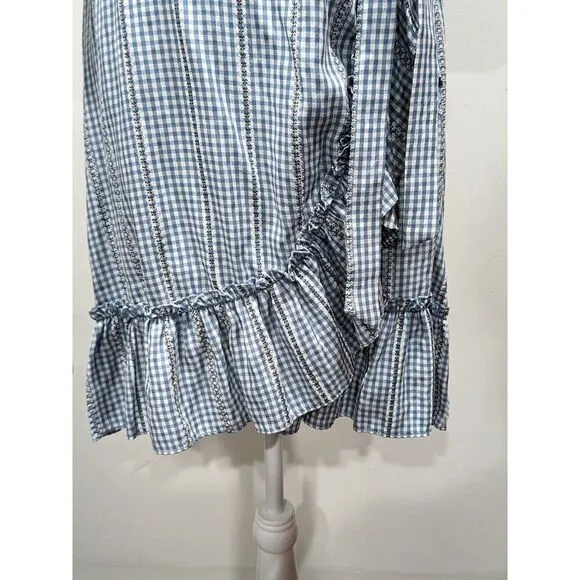 New! Max Studio Blue White Gingham Embroidered Stripe Ruffle Wrap Dress, M