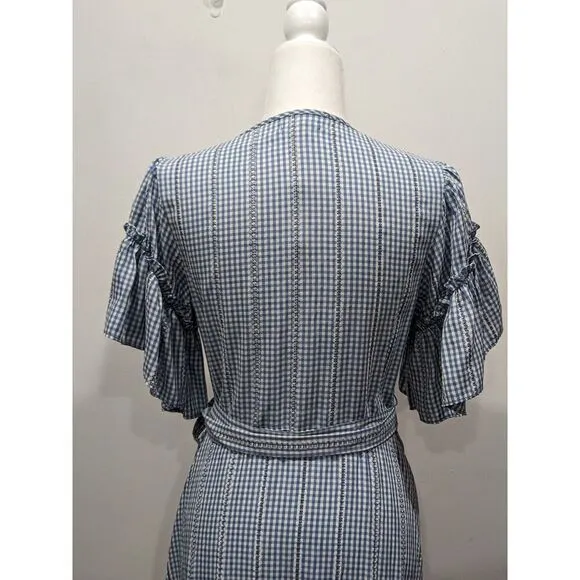 New! Max Studio Blue White Gingham Embroidered Stripe Ruffle Wrap Dress, M