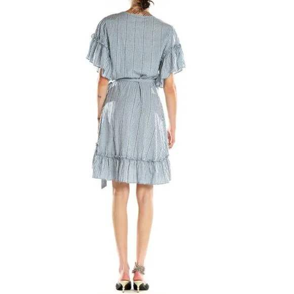 New! Max Studio Blue White Gingham Embroidered Stripe Ruffle Wrap Dress, M