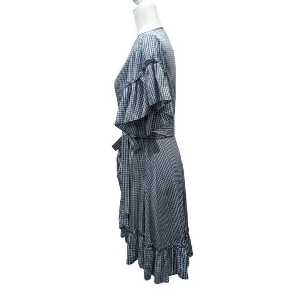 New! Max Studio Blue White Gingham Embroidered Stripe Ruffle Wrap Dress, M