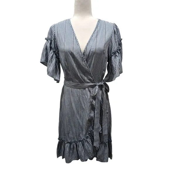 New! Max Studio Blue White Gingham Embroidered Stripe Ruffle Wrap Dress, M