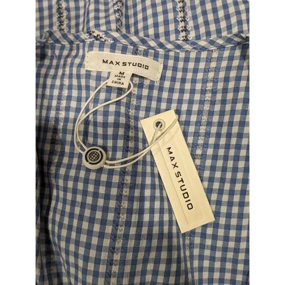New! Max Studio Blue White Gingham Embroidered Stripe Ruffle Wrap Dress, M