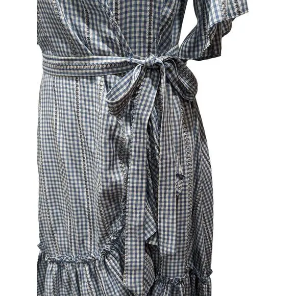 New! Max Studio Blue White Gingham Embroidered Stripe Ruffle Wrap Dress, M
