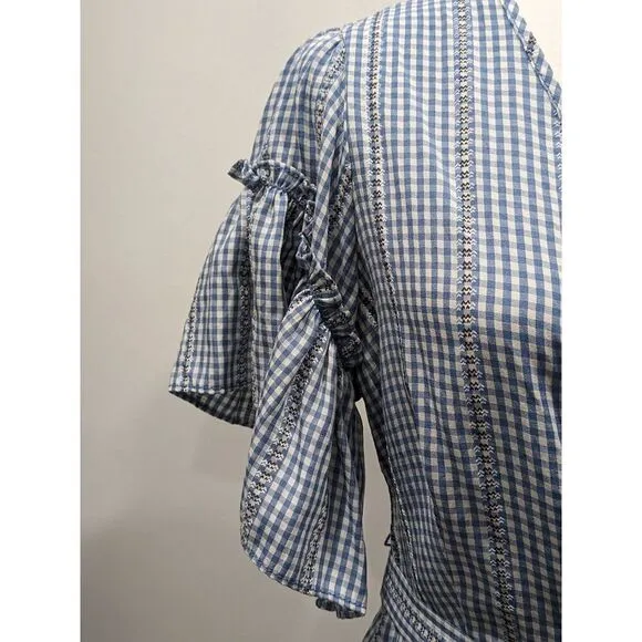 New! Max Studio Blue White Gingham Embroidered Stripe Ruffle Wrap Dress, M