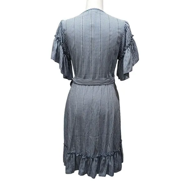 New! Max Studio Blue White Gingham Embroidered Stripe Ruffle Wrap Dress, M