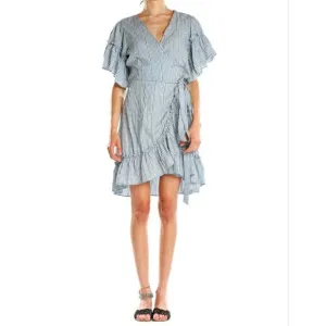 New! Max Studio Blue White Gingham Embroidered Stripe Ruffle Wrap Dress, M