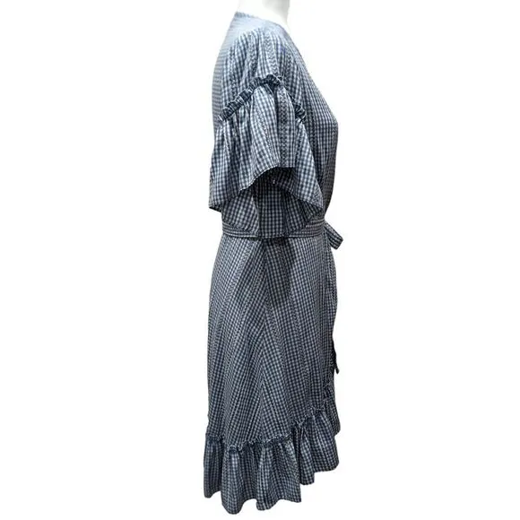 New! Max Studio Blue White Gingham Embroidered Stripe Ruffle Wrap Dress, M