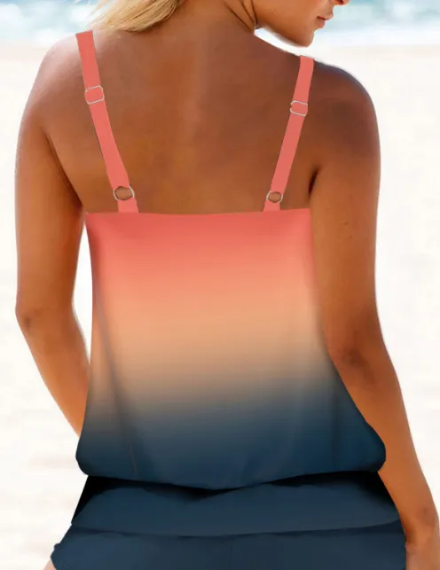 NEW MODLILY® Lightweight Mid Waisted Ombre Coral Tankini Set, Sz L, Retails $65