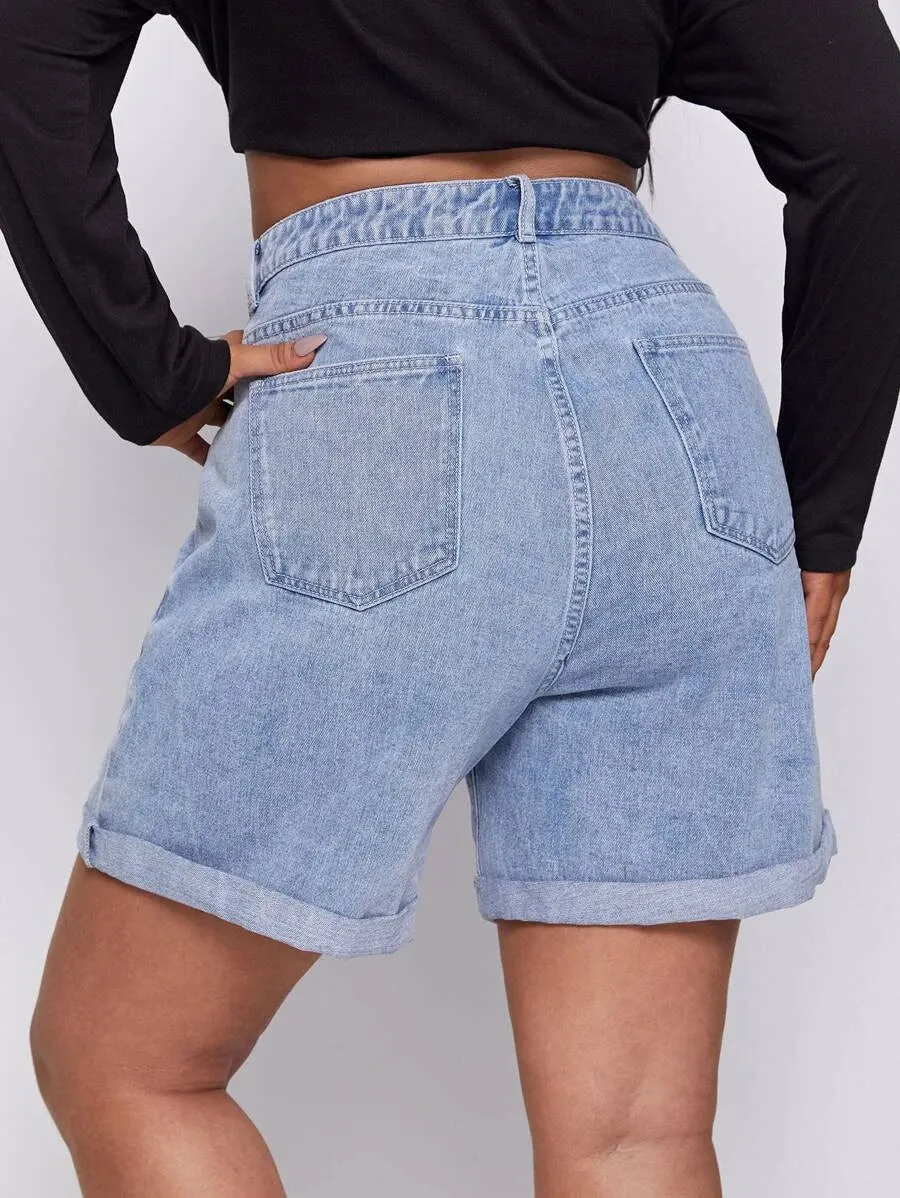 New Shein Plus High Waist Ripped Roll Hem Denim Shorts, Sz 1X!