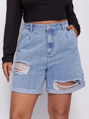 New Shein Plus High Waist Ripped Roll Hem Denim Shorts, Sz 1X!