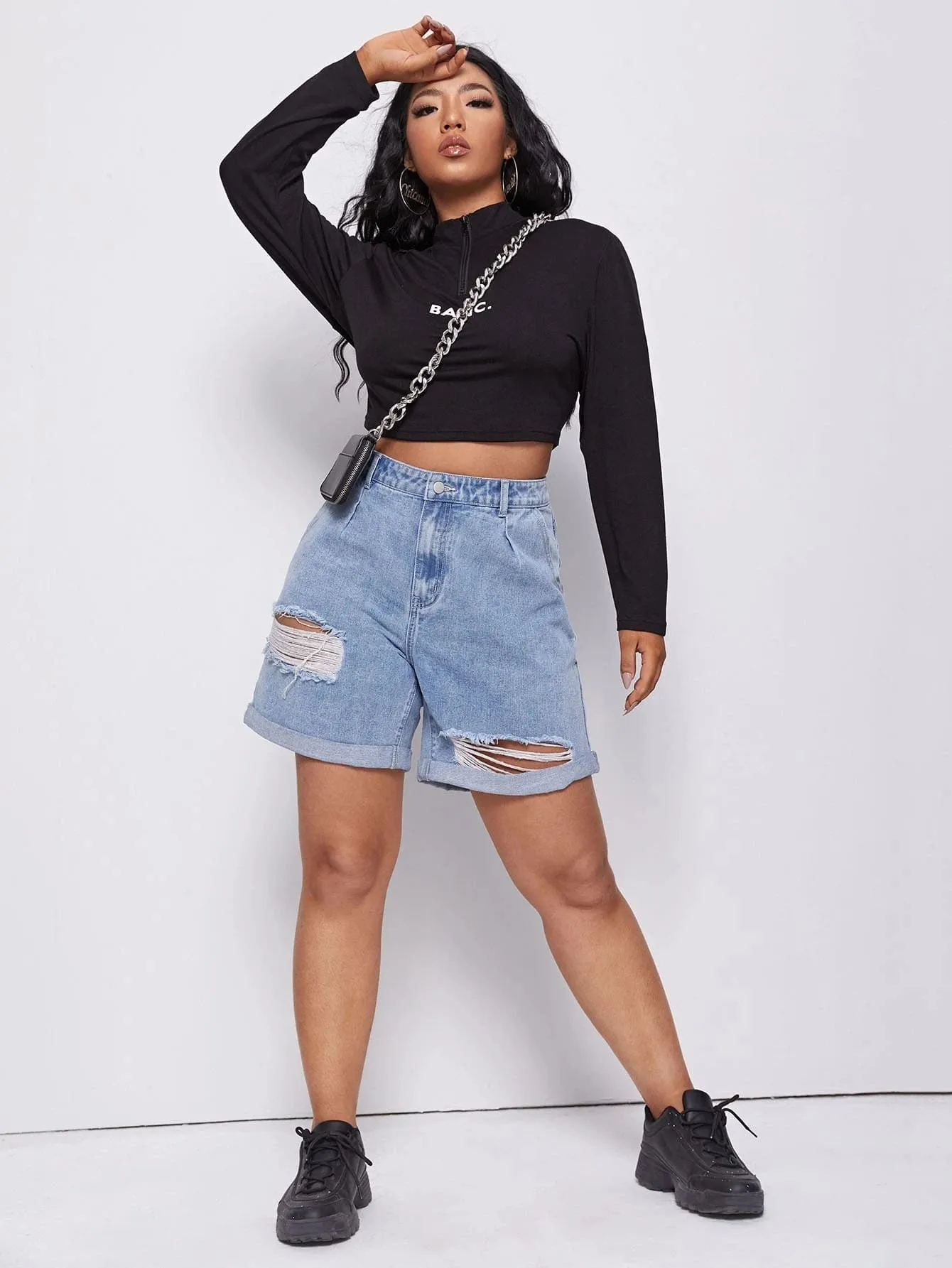 New Shein Plus High Waist Ripped Roll Hem Denim Shorts, Sz 1X!
