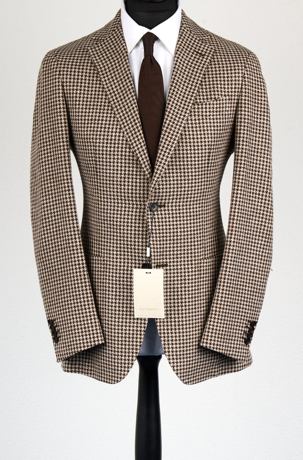 New Suitsupply Havana Brown Houndstooth Linen, Silk, Wool, Cotton Ferla Blazer - Size 34R