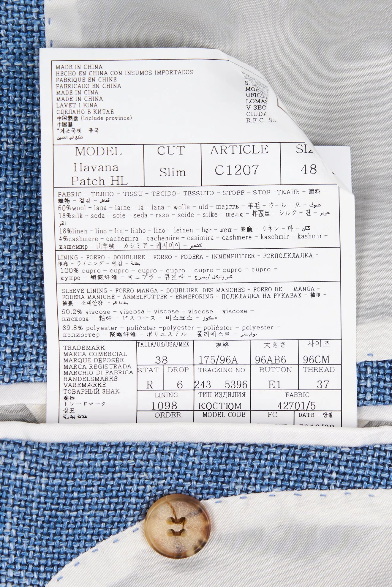 New Suitsupply Havana Light Blue Wool, Silk, Linen, Cashmere Blazer - Size 36R