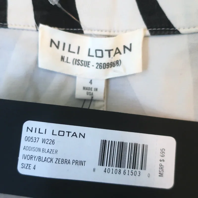 Nili Lotan Blazer Addison Zebra Print Cotton Size 4 One-Button Jacket NEW