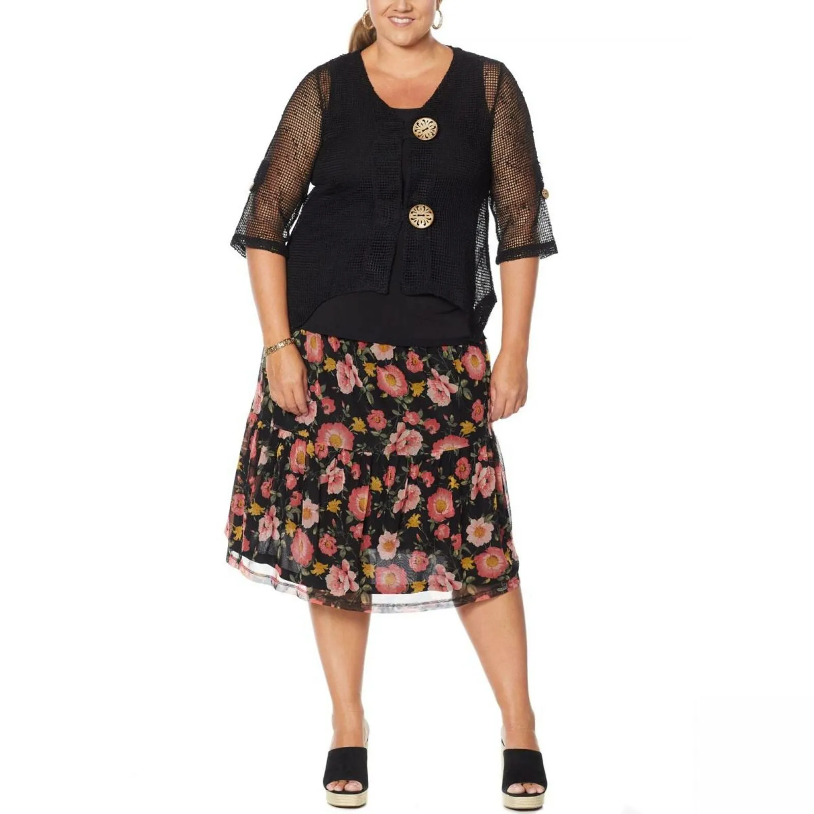 Nina Leonard Women's Plus Size Coconut Button Bolero Cardigan With Tank