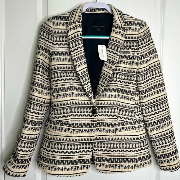 NWT Banana Republic Jacquard One-Button Blazer in Black and White Size 0