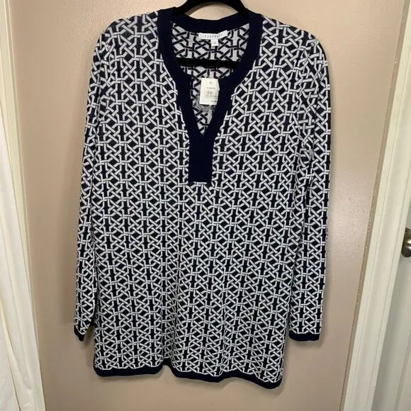 NWT Foxcroft Navy Blue White Lightweight Lattice Tunic Sweater XL